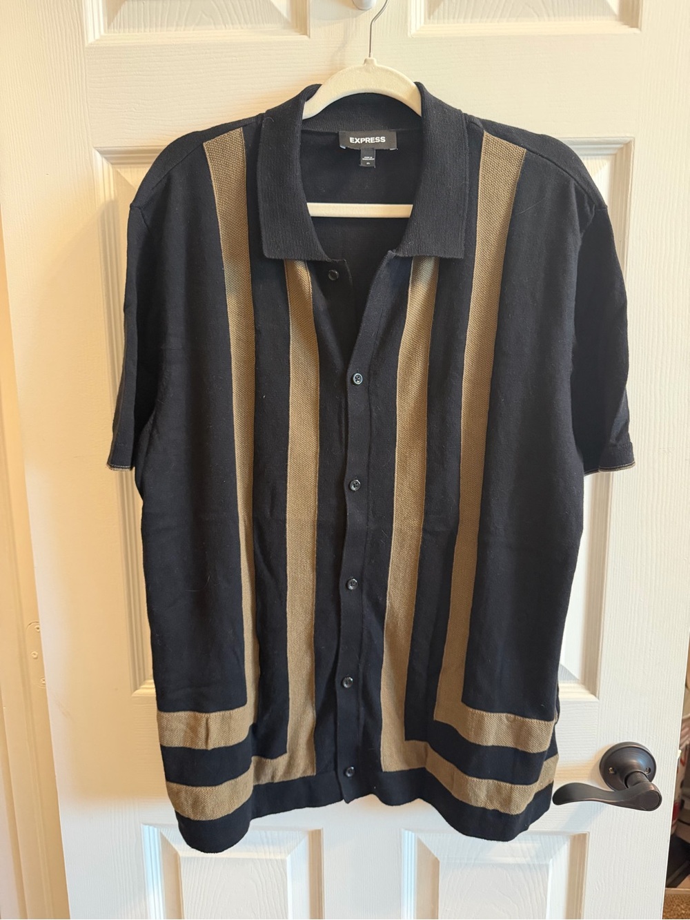 Express Black and Tan Vertical-Stripe Button-Up Polo